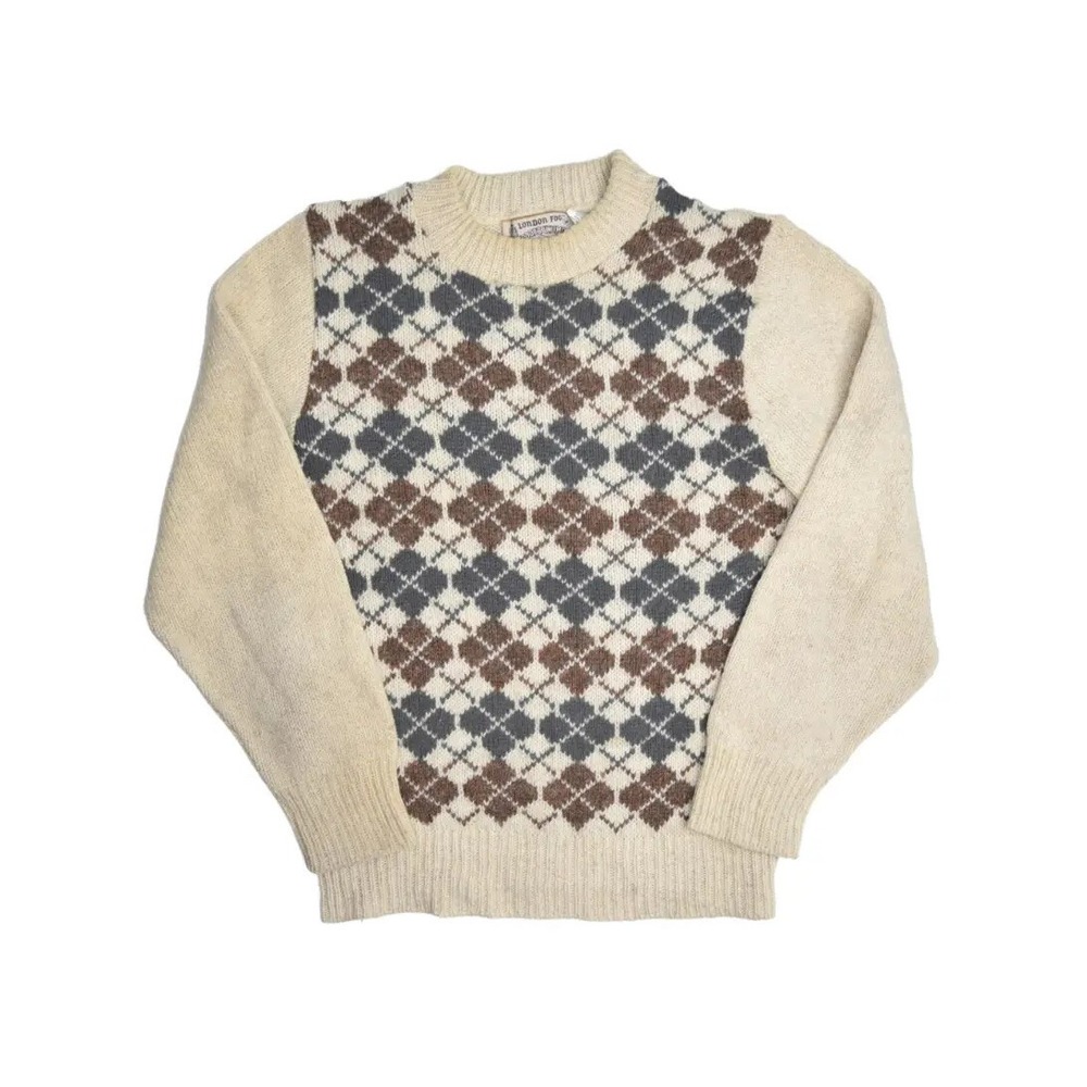 Vintage London Fog Sweater Mens M Wool Argyle Crewneck Jumper Outdoors Unlimited